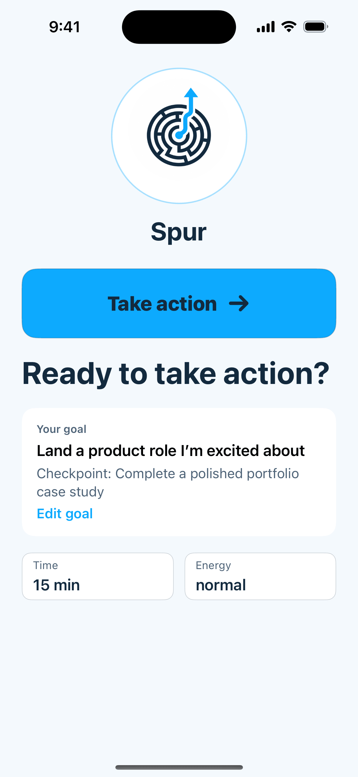 Spur app ready to take action screen